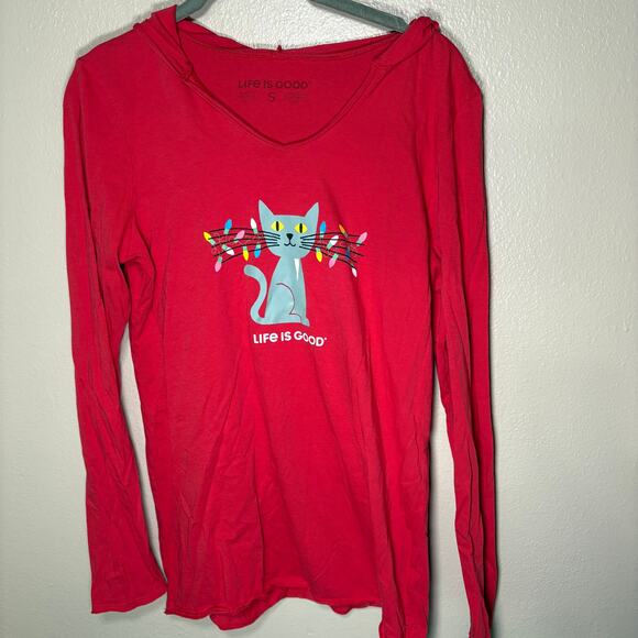 Life is Good cat hoodie tee red small christmas - Picture 1 of 3